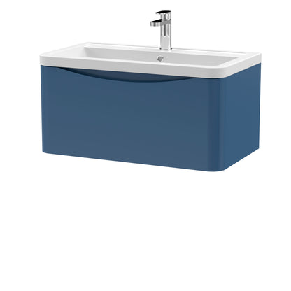 Nuie Lunar 800mm Wall Hung Satin Blue 1 Drawer Vanity Unit with Basin