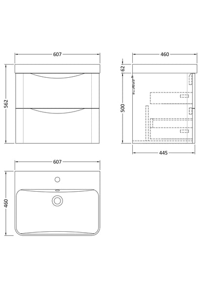 Nuie Lunar 600mm Satin Green Wall Hung 2 Drawer Unit & Basin