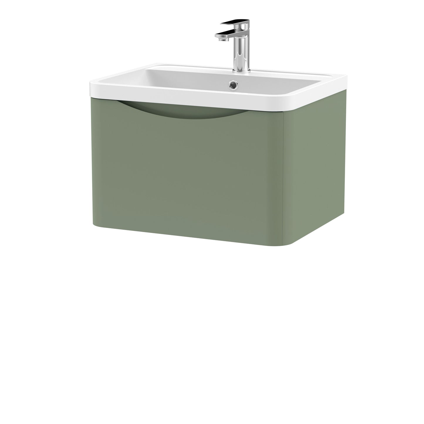 Nuie Lunar 600mm Satin Green 1 Drawer Wall Hung Vanity Unit With Polymarble Basin
