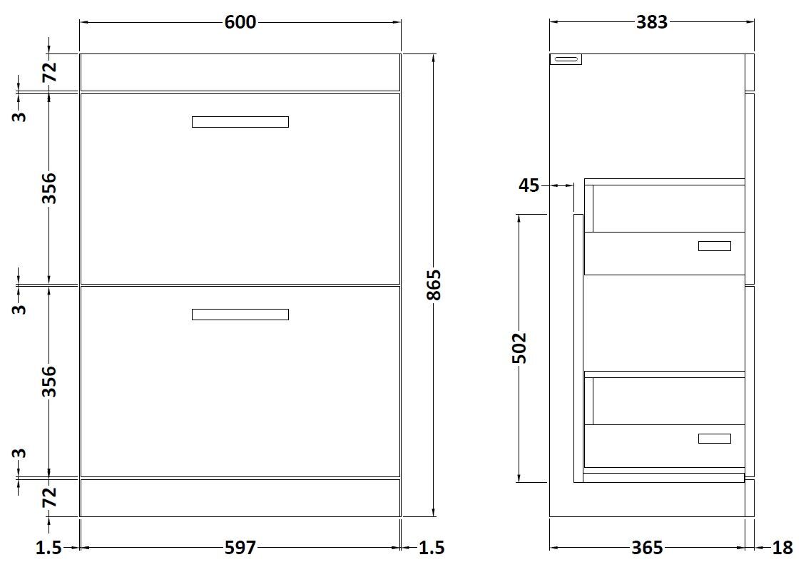 Athena Floor Standing 2 Drawer Vanity Unit 600mm
