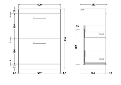 Athena Floor Standing 2 Drawer Vanity Unit 600mm