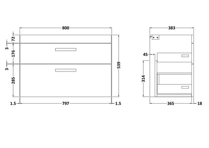 Athena Wall Hung 2 Drawer Vanity Unit 800mm