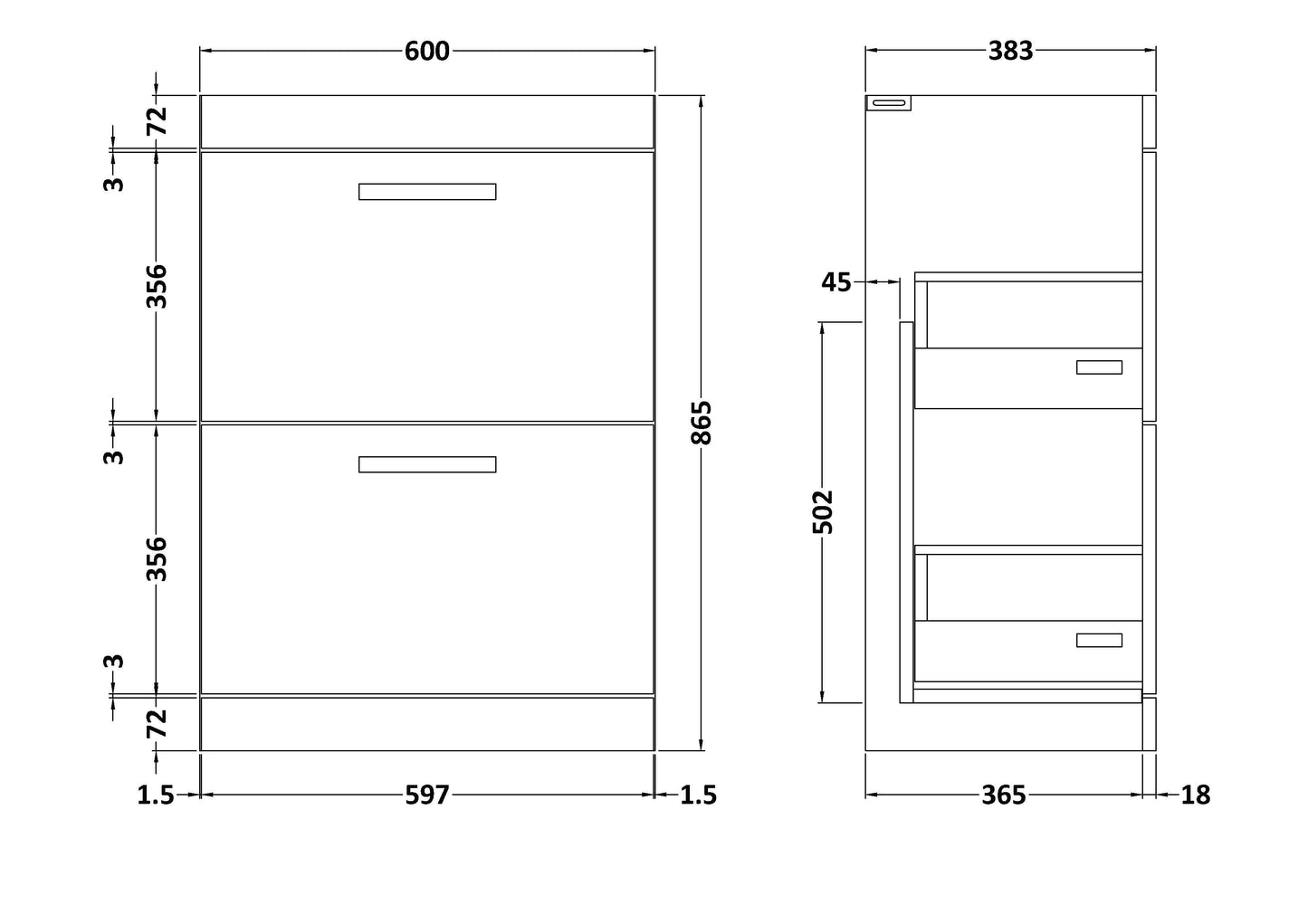 Athena Floor Standing 2 Drawer Vanity Unit 600mm