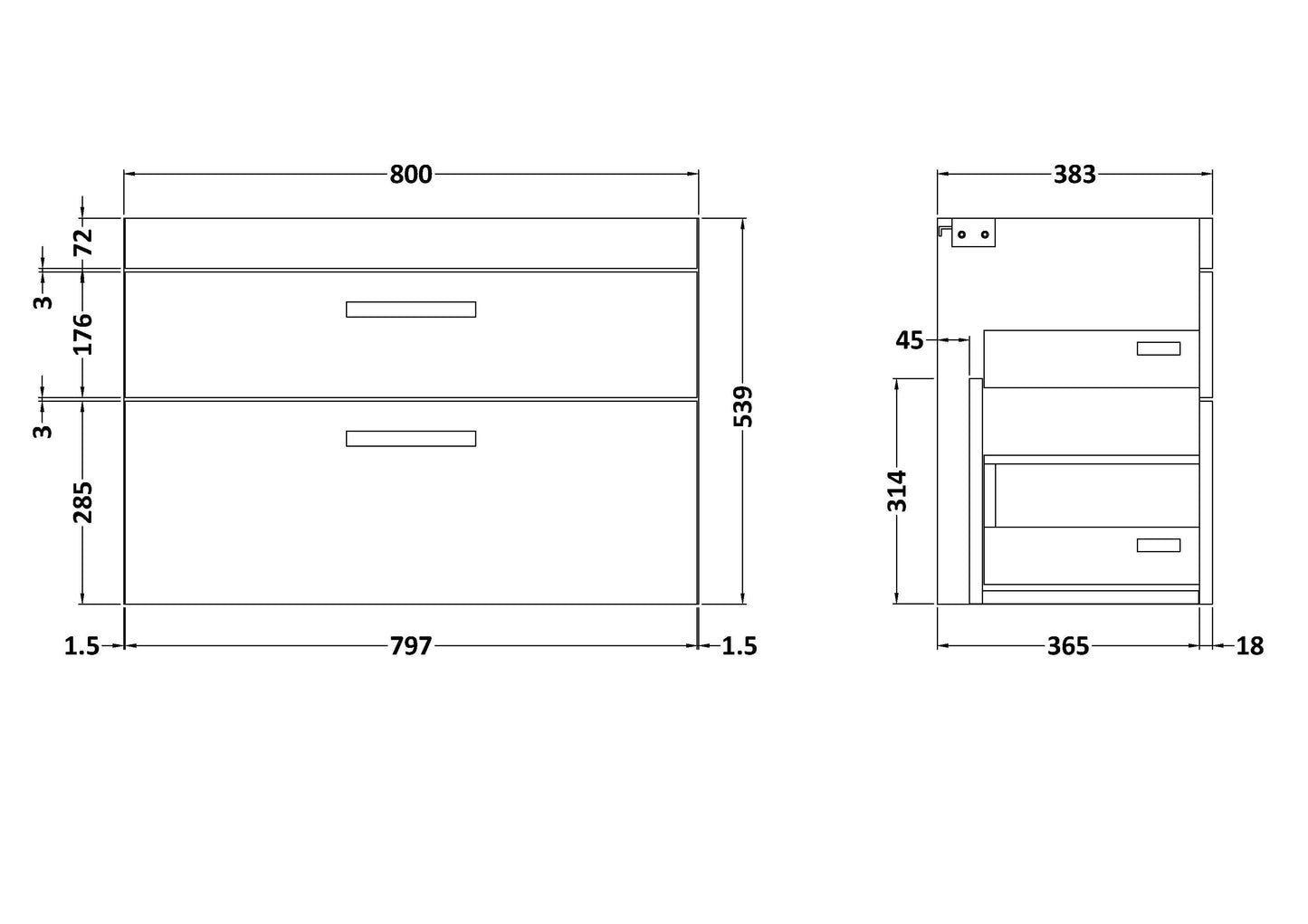 Athena Wall Hung 2 Drawer Vanity Unit 800mm