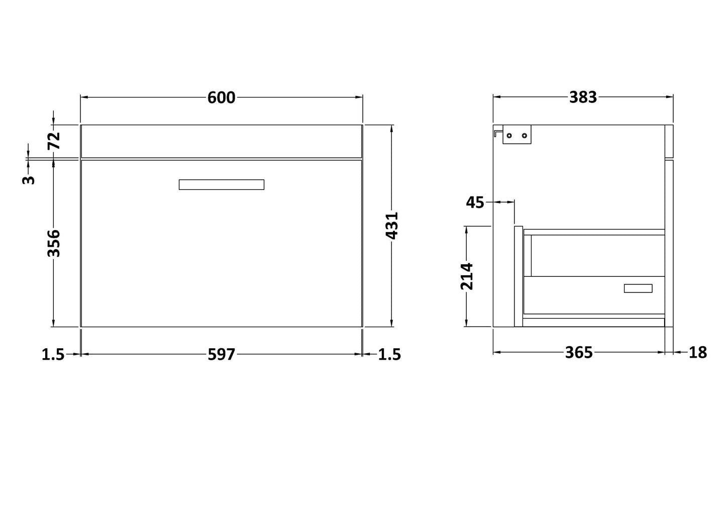 Athena Wall Hung 1 Drawer Vanity Unit 600mm