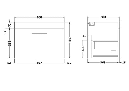 Athena Wall Hung 1 Drawer Vanity Unit 600mm