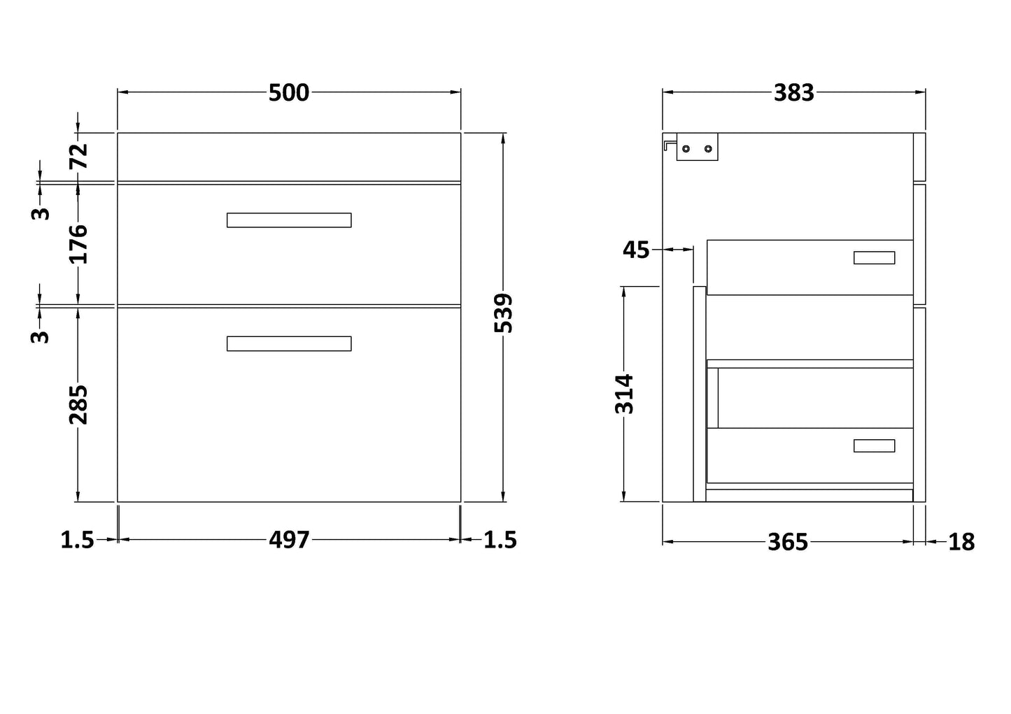 Athena Wall Hung 2 Drawer Vanity Unit 500mm