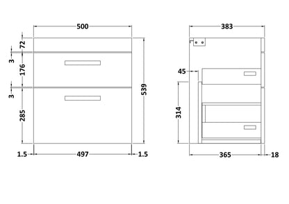 Athena Wall Hung 2 Drawer Vanity Unit 500mm