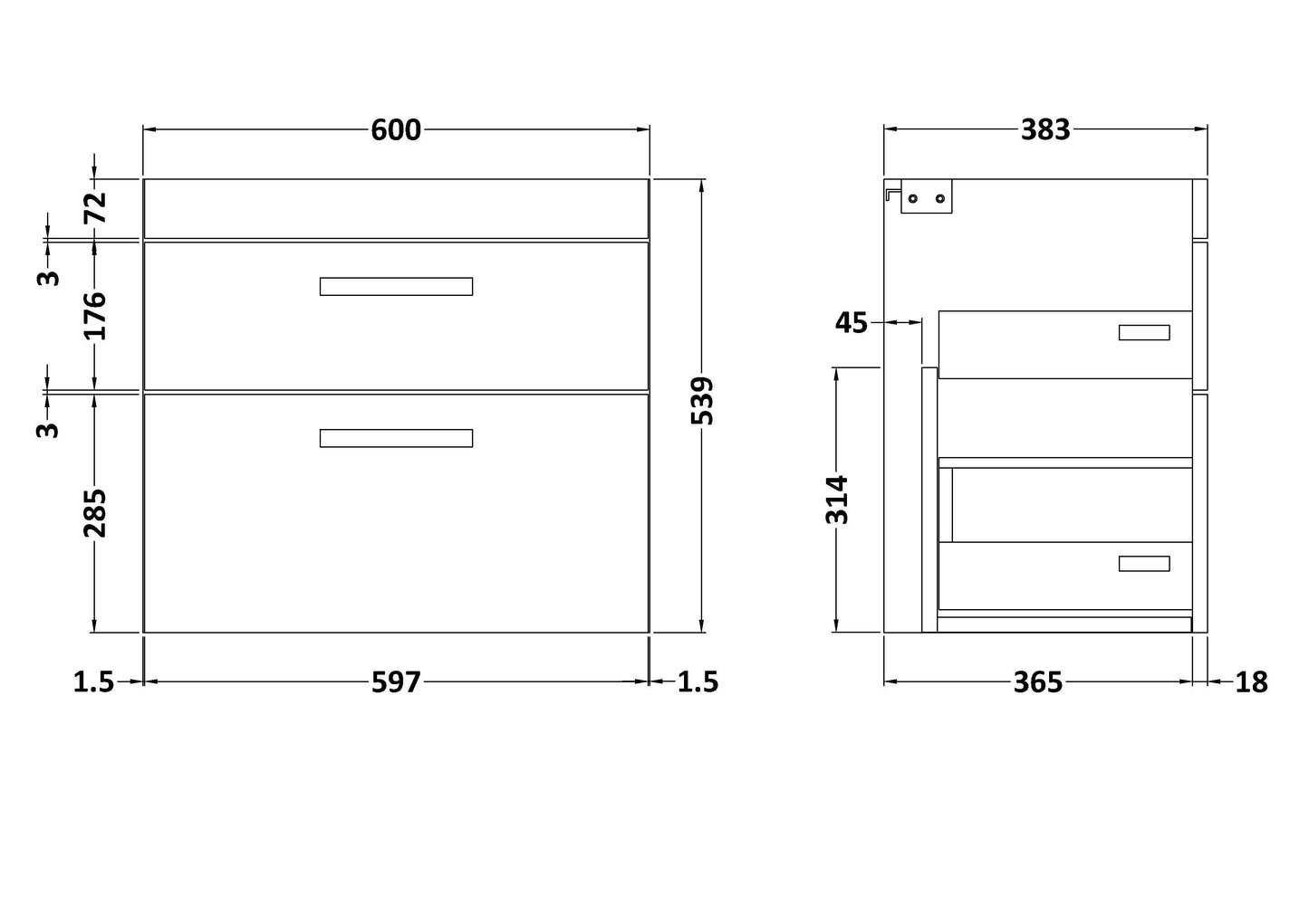 Athena Wall Hung 2 Drawer Vanity Unit 600mm
