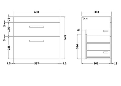 Athena Wall Hung 2 Drawer Vanity Unit 600mm