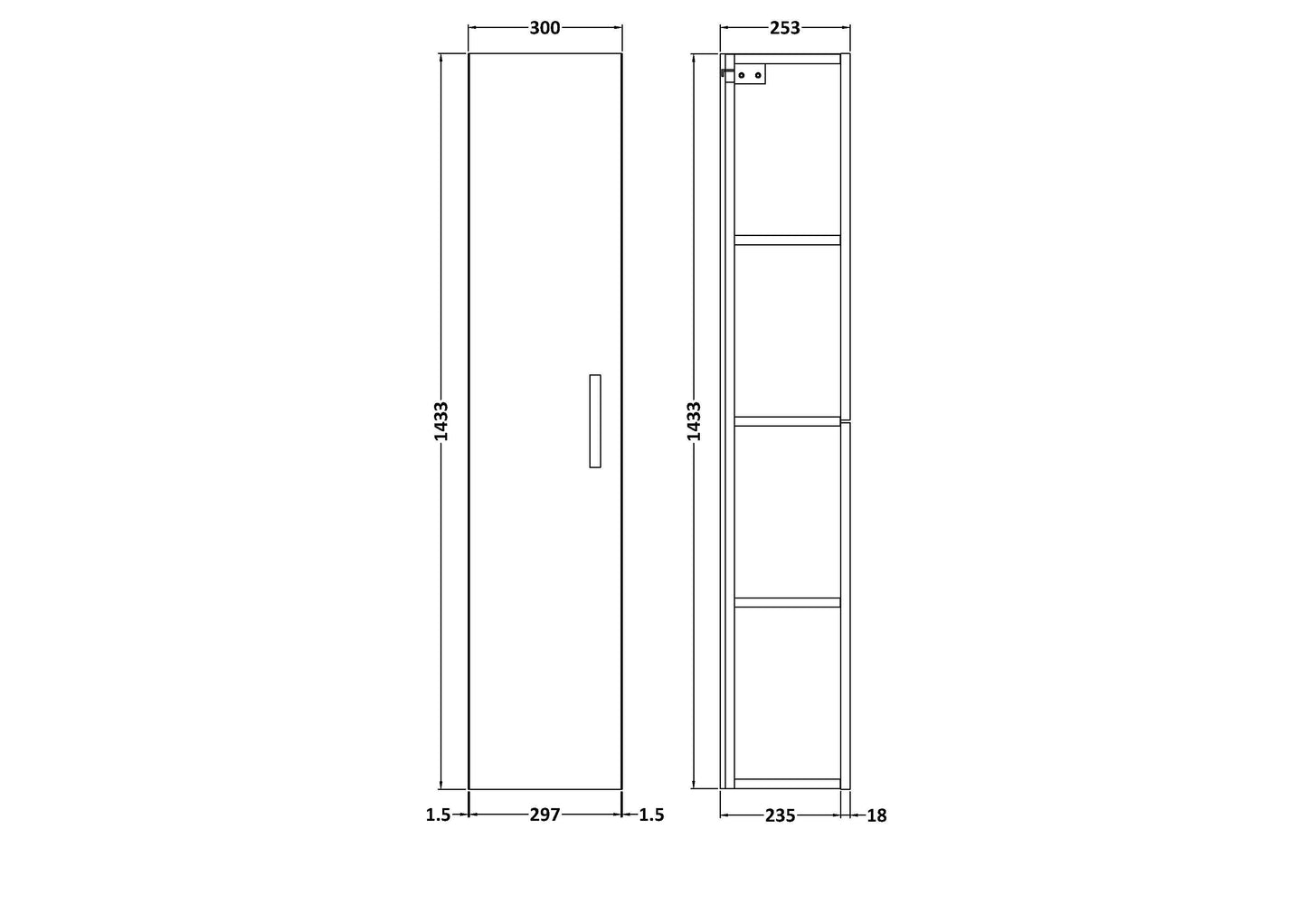 Nuie Arno 300mm 1 Door Satin Grey Wall Hung Tall Cabinet With Handles