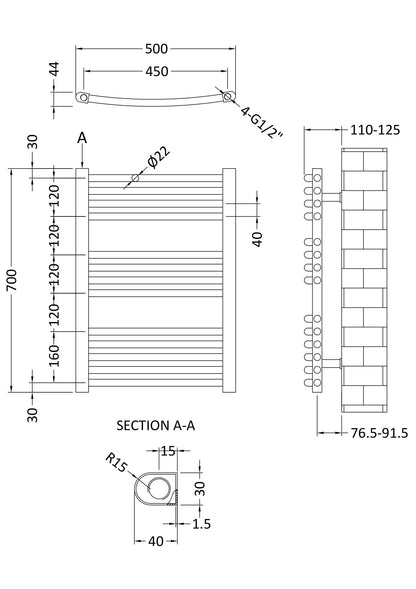 Nuie 700mm x 500mm Anthracite Vertical Curved Ladder Rail