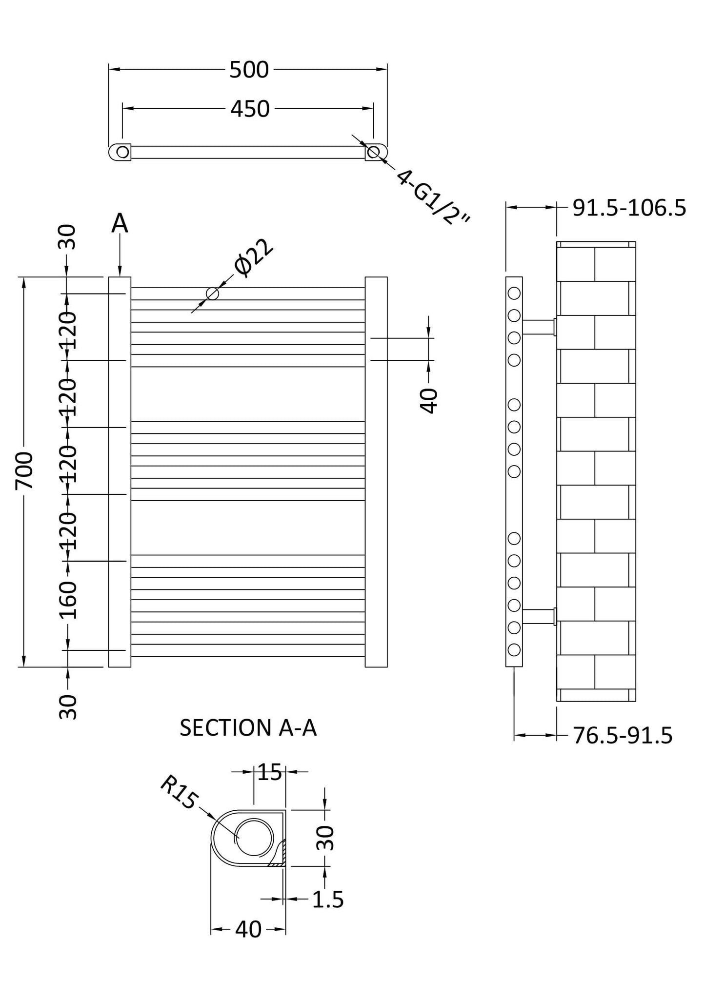 Nuie 700mm x 500mm Anthracite Vertical Ladder Rail