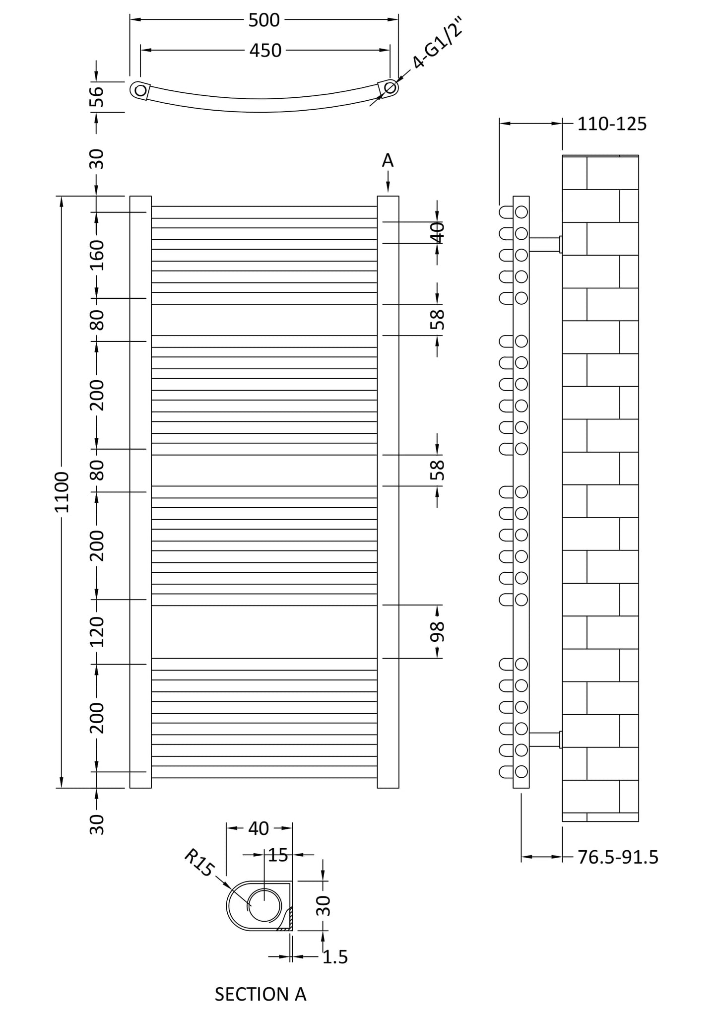 Nuie 1150mm x 500mm Anthracite Vertical Curved Ladder Rail