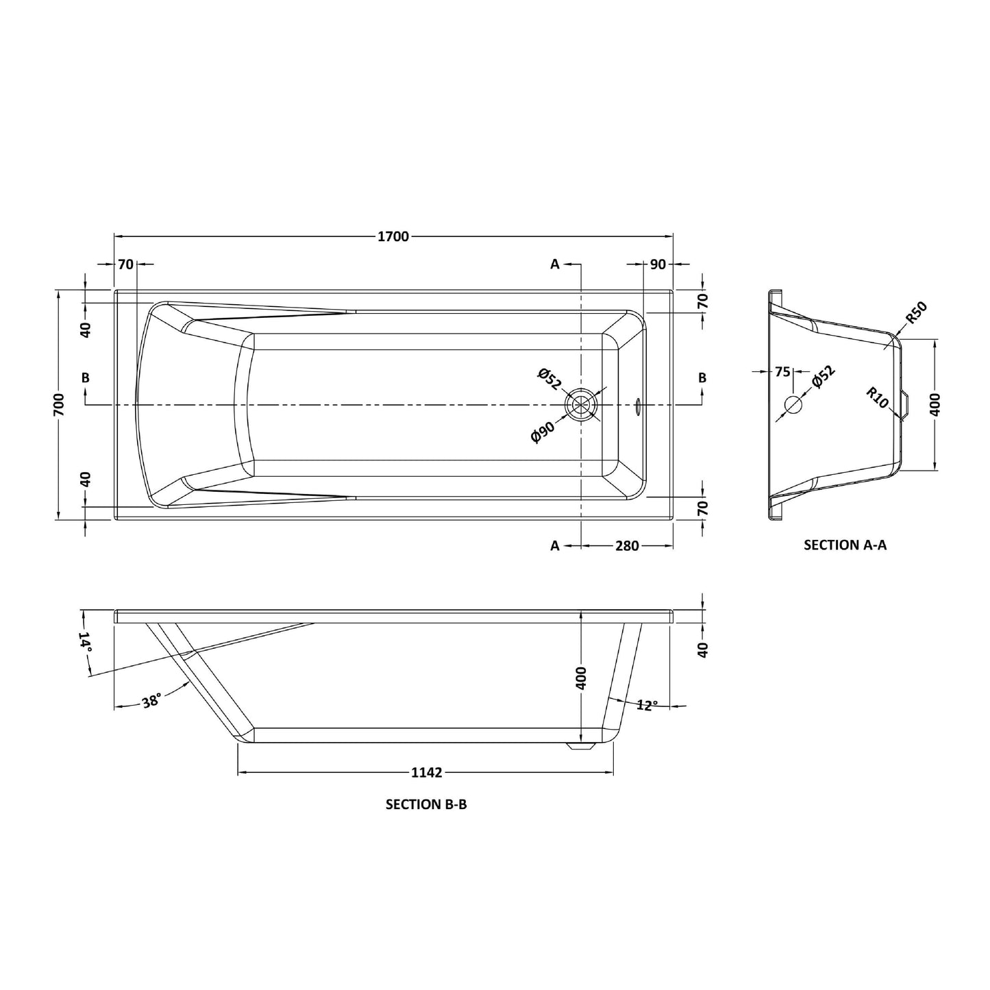 Nuie 1700mm x 700mm White Straight Single Ended Bath, Bath Screen, Side Panel and Leg Set