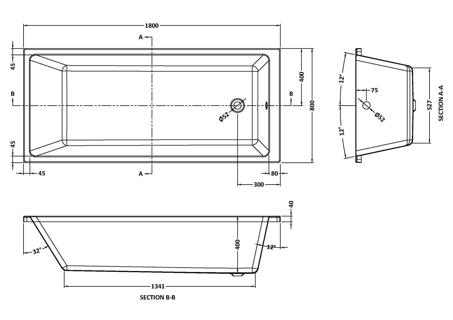 Nuie 1800mm Single Ended Bath With Legs