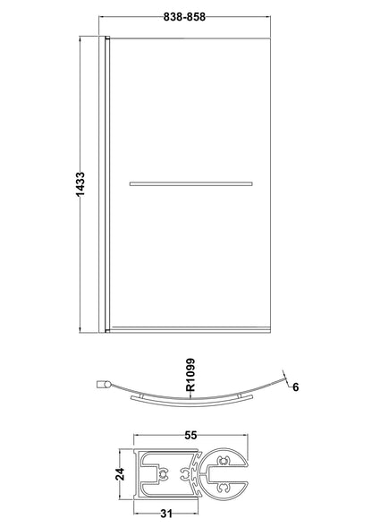 Nuie 858mm Semi-Frameless Chrome Curved Bath Screen With Rail