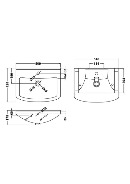 Mayford Square Ceramic 1 Tap Hole Basin 560mm