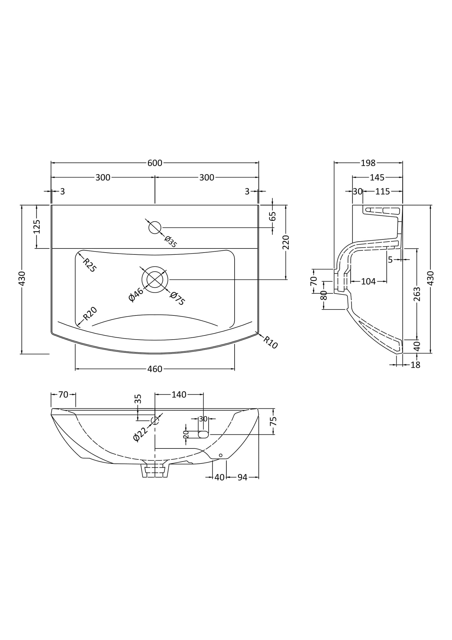 Asselby 600mm Medium Basin 1 Tap Hole