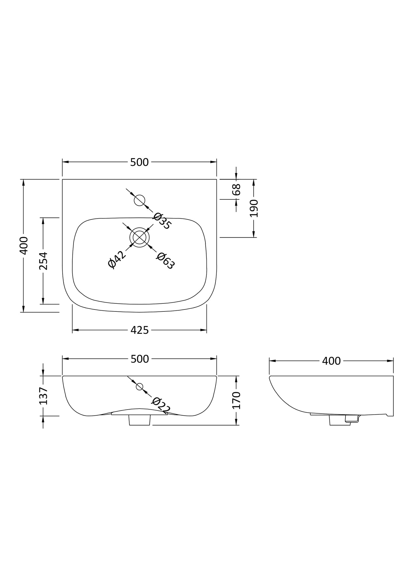 Ambrose 500mm Basin 1 Tap Hole