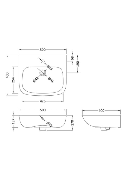 Ambrose 500mm Basin 1 Tap Hole