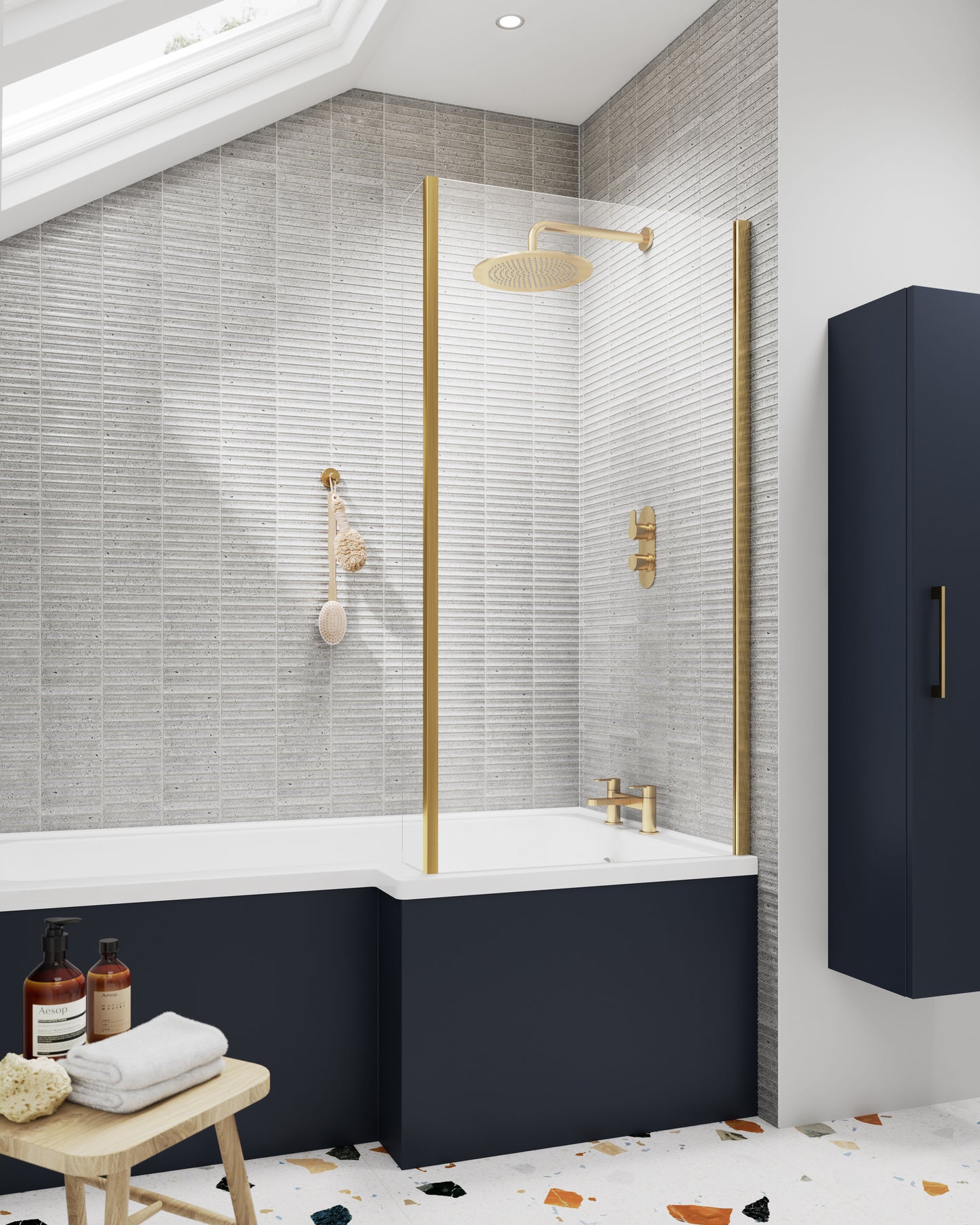 Nuie 815mm Semi-Frameless Brushed Brass Bath Screen