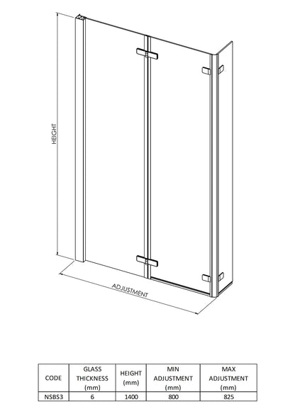 Nuie 812mm Semi-Frameless Chrome L-Shaped Hinged Bath Screen