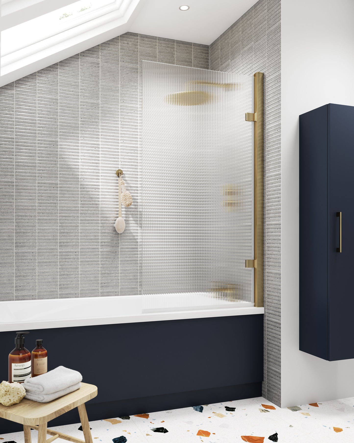 Nuie 830mm Brushed Brass Fluted Hinged Bath Screen