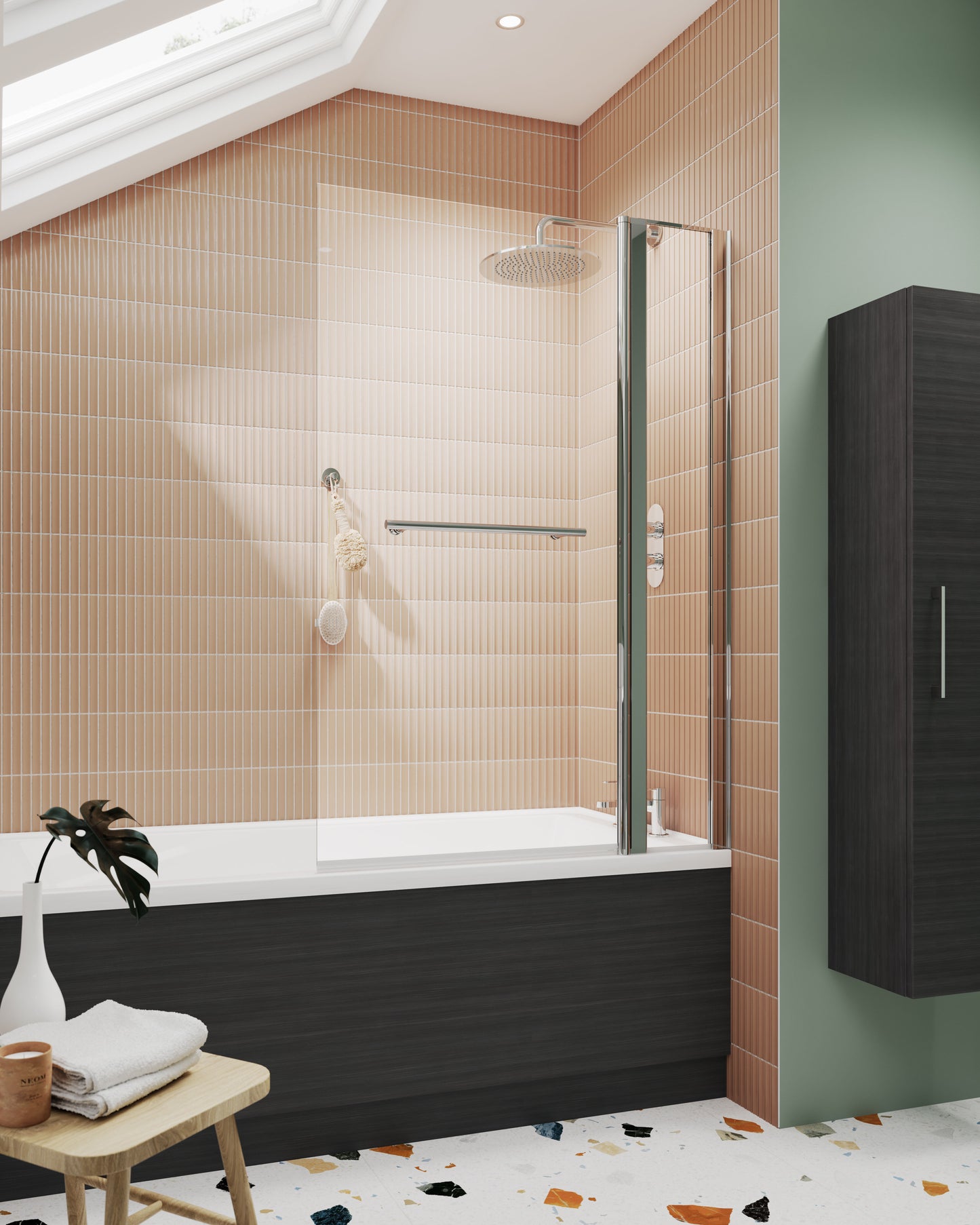 Nuie 998mm Semi-Frameless Chrome Bath Screen With Rail And Fixed Panel