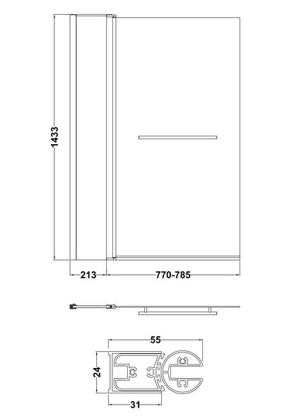 Nuie 998mm Semi-Frameless Chrome Bath Screen With Rail And Fixed Panel