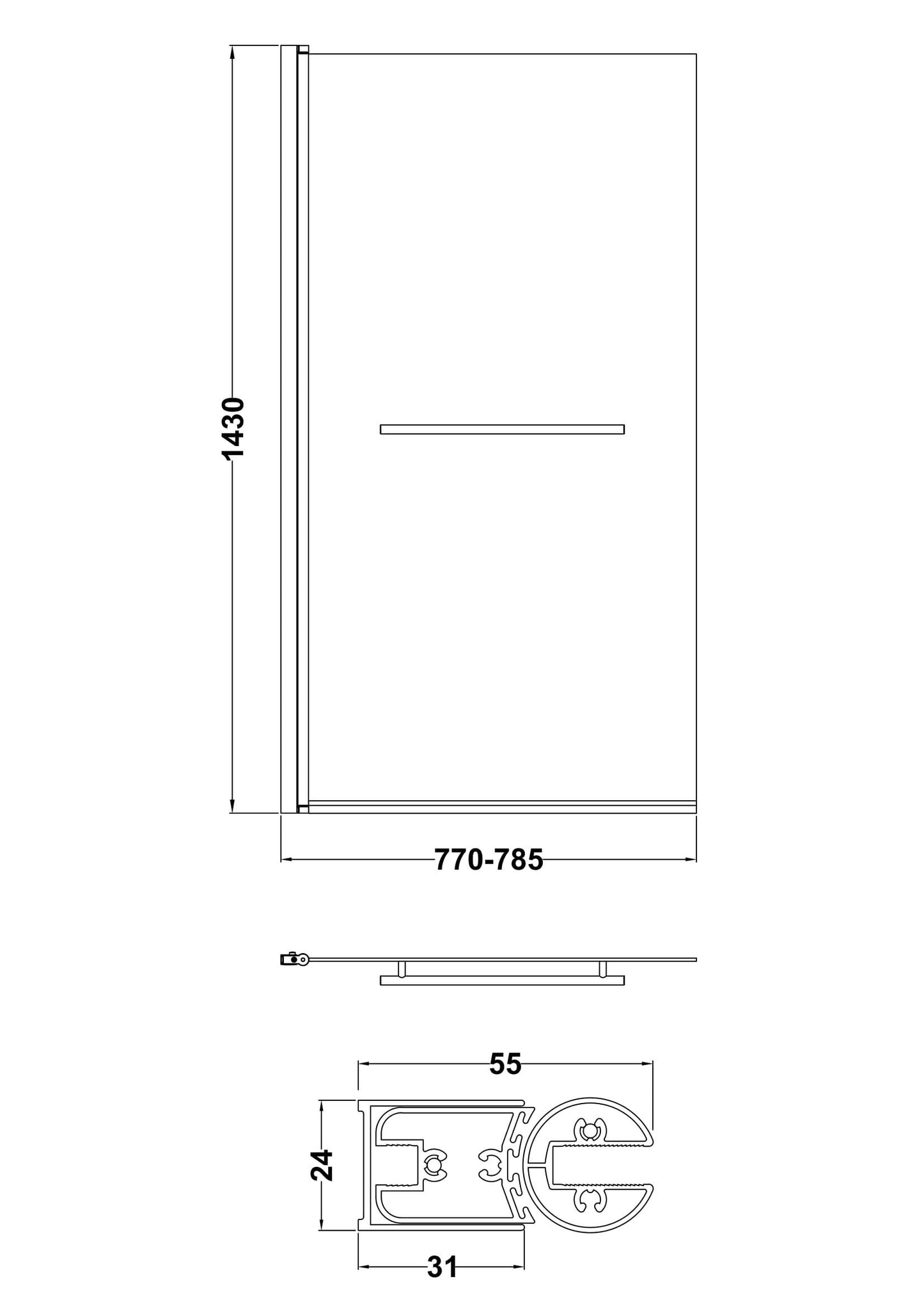 Nuie 790mm Semi-Frameless Chrome Bath Screen With Rail