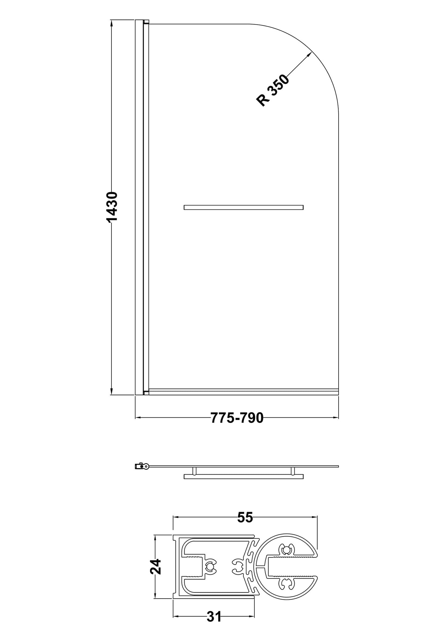 Nuie 790mm Semi-Frameless Chrome Bath Screen With Rail