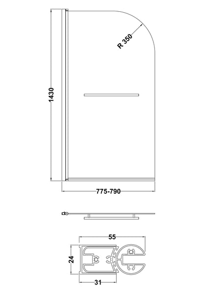Nuie 790mm Semi-Frameless Chrome Bath Screen With Rail
