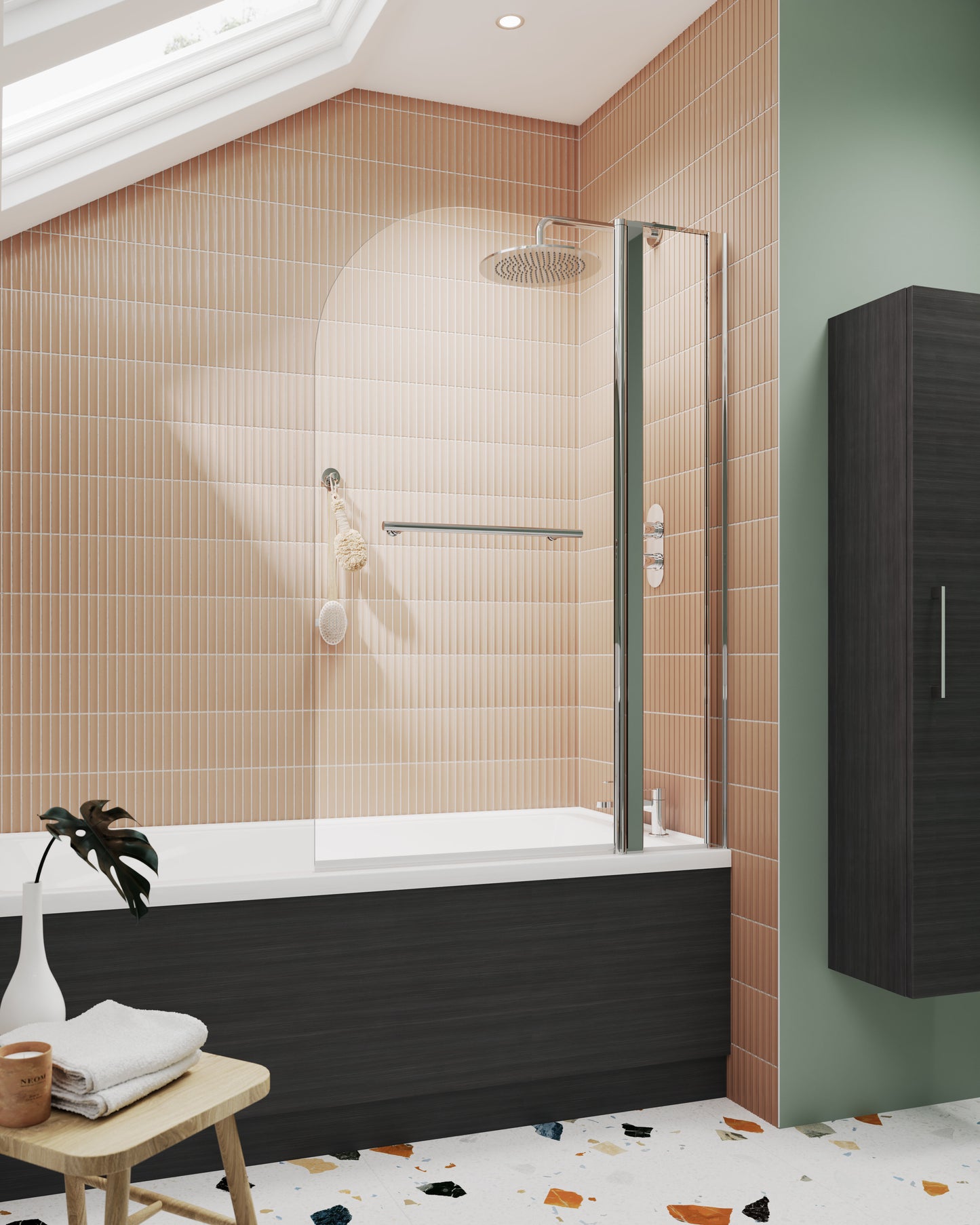 Nuie 998mm Semi-Frameless Chrome Bath Screen With Rail And Fixed Panel