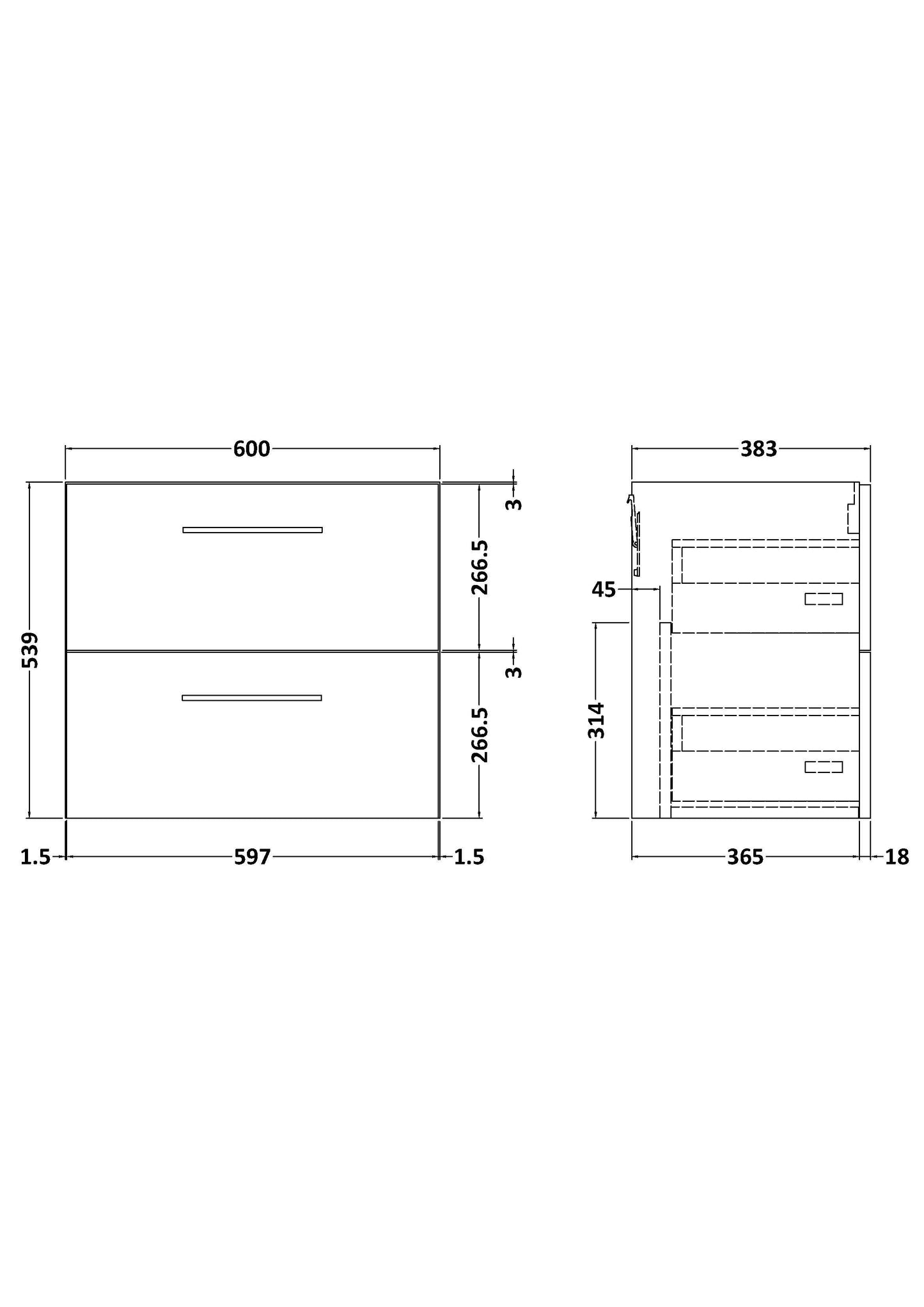 600mm Wall Hung 2 Drawer Unit (365 Deep)