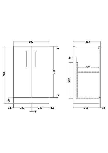 500mm Floor Standing 2 Door Unit (365 Deep)