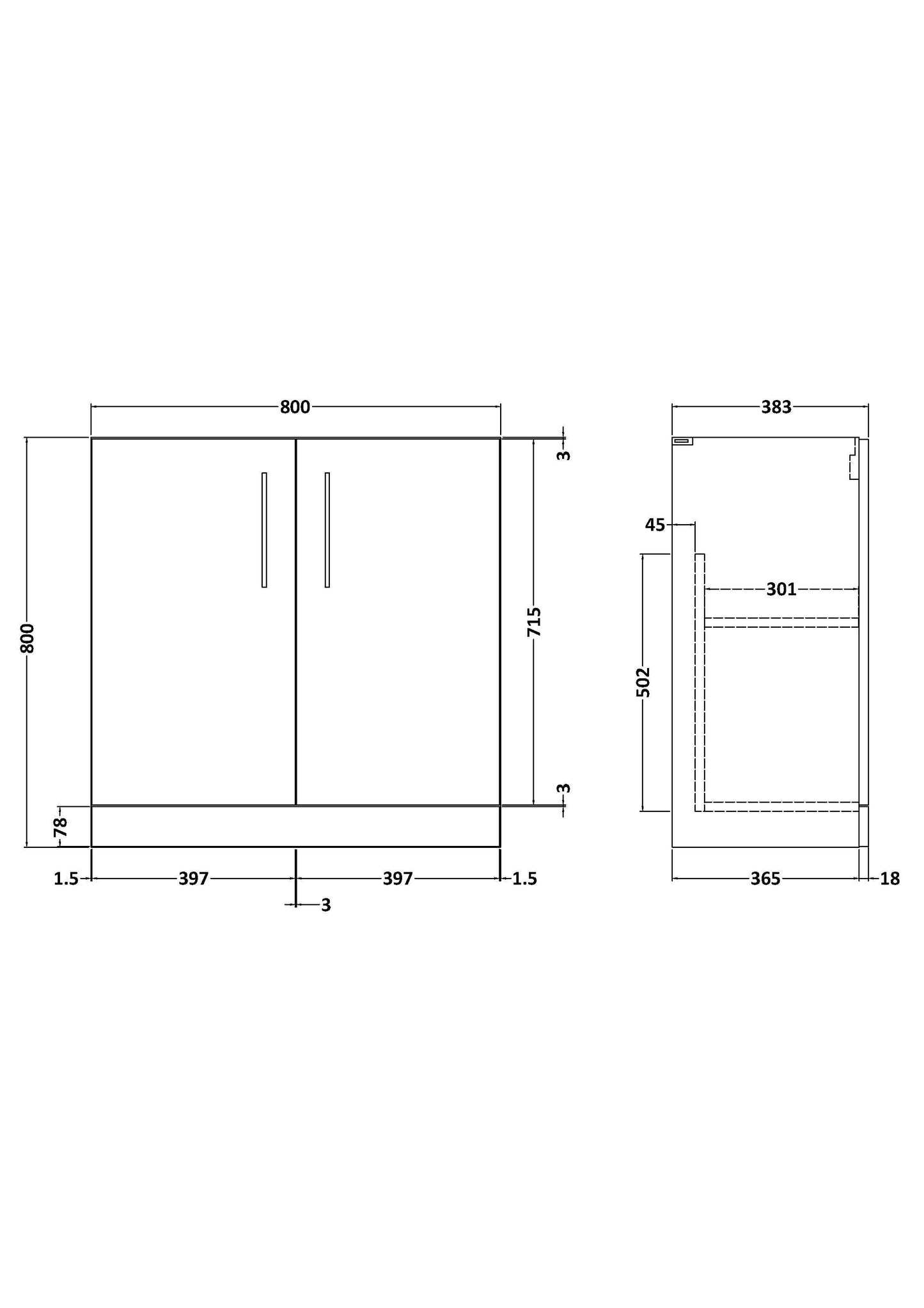 800mm Floor Standing 2 Door Unit (365 Deep)