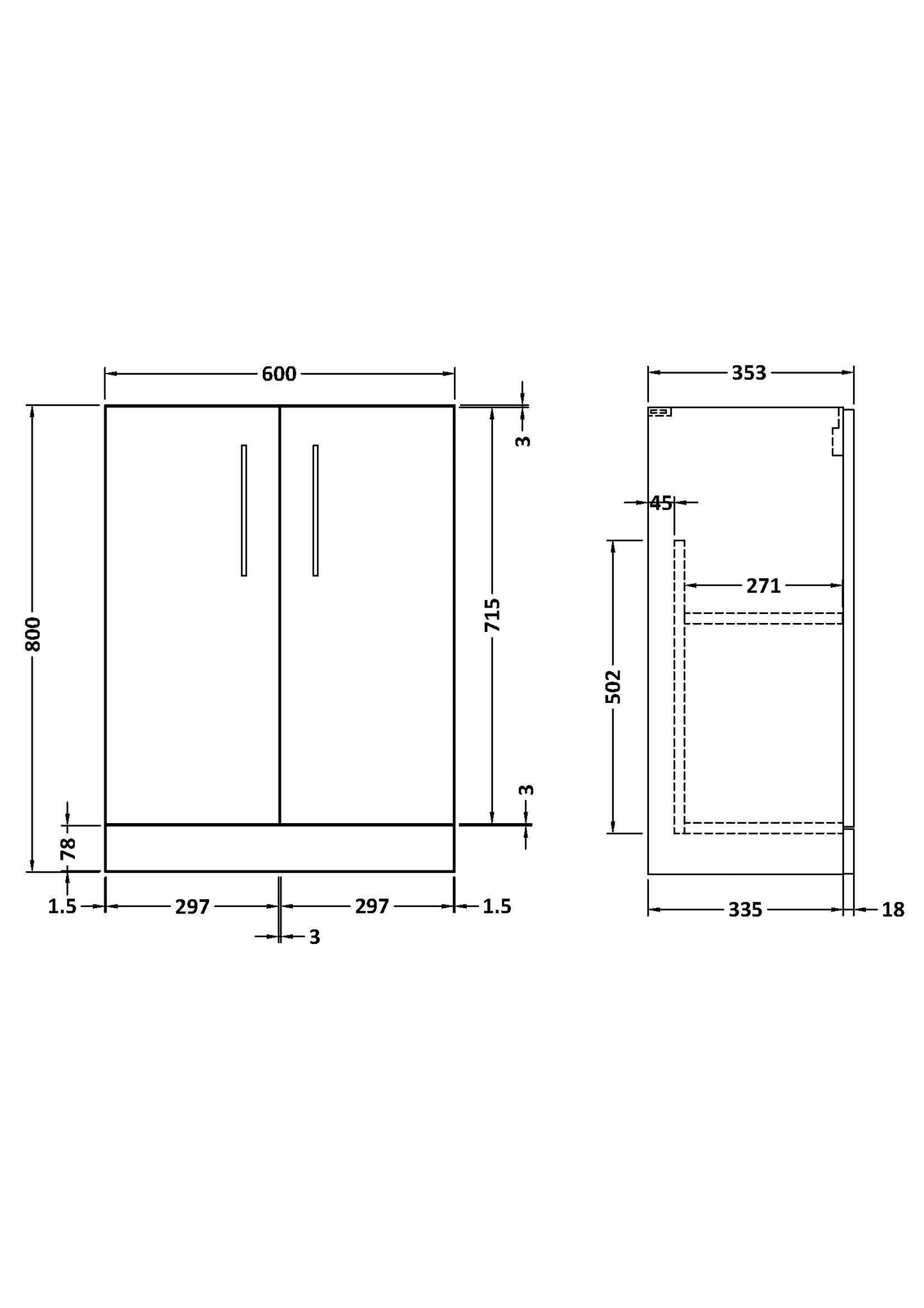 600mm Floor Standing 2 Door Unit (355) Deep