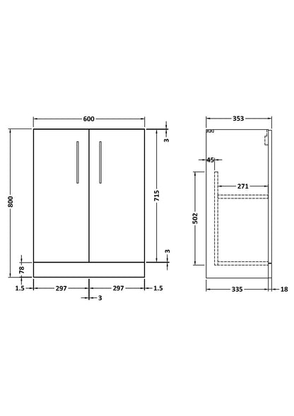 600mm Floor Standing 2 Door Unit (355) Deep