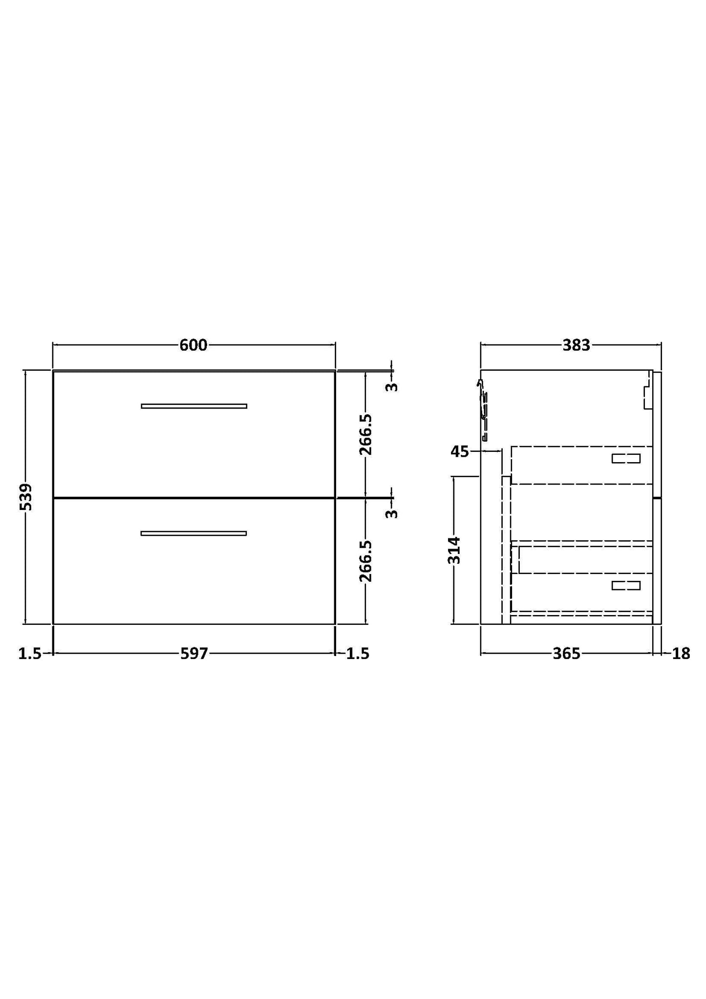 Arno 600mm Wall Hung 2-Drawer Unit