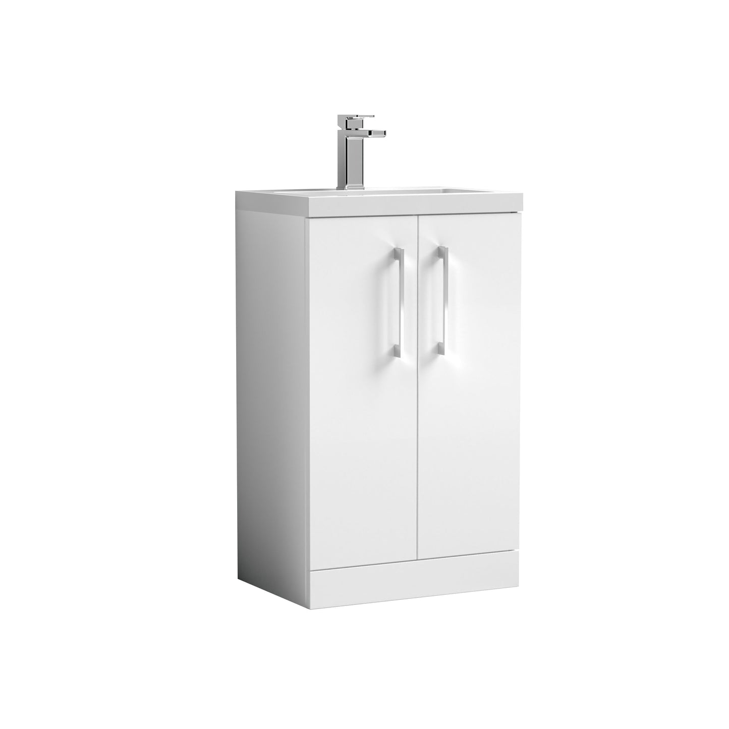 Nuie Arno 500mm Gloss White Floor Standing 2 Door Vanity Unit with Basin With Handles & 1 Tap Hole