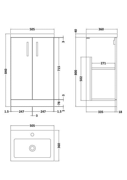 Nuie Arno 500mm Gloss White Floor Standing 2 Door Vanity Unit with Basin With Handles & 1 Tap Hole