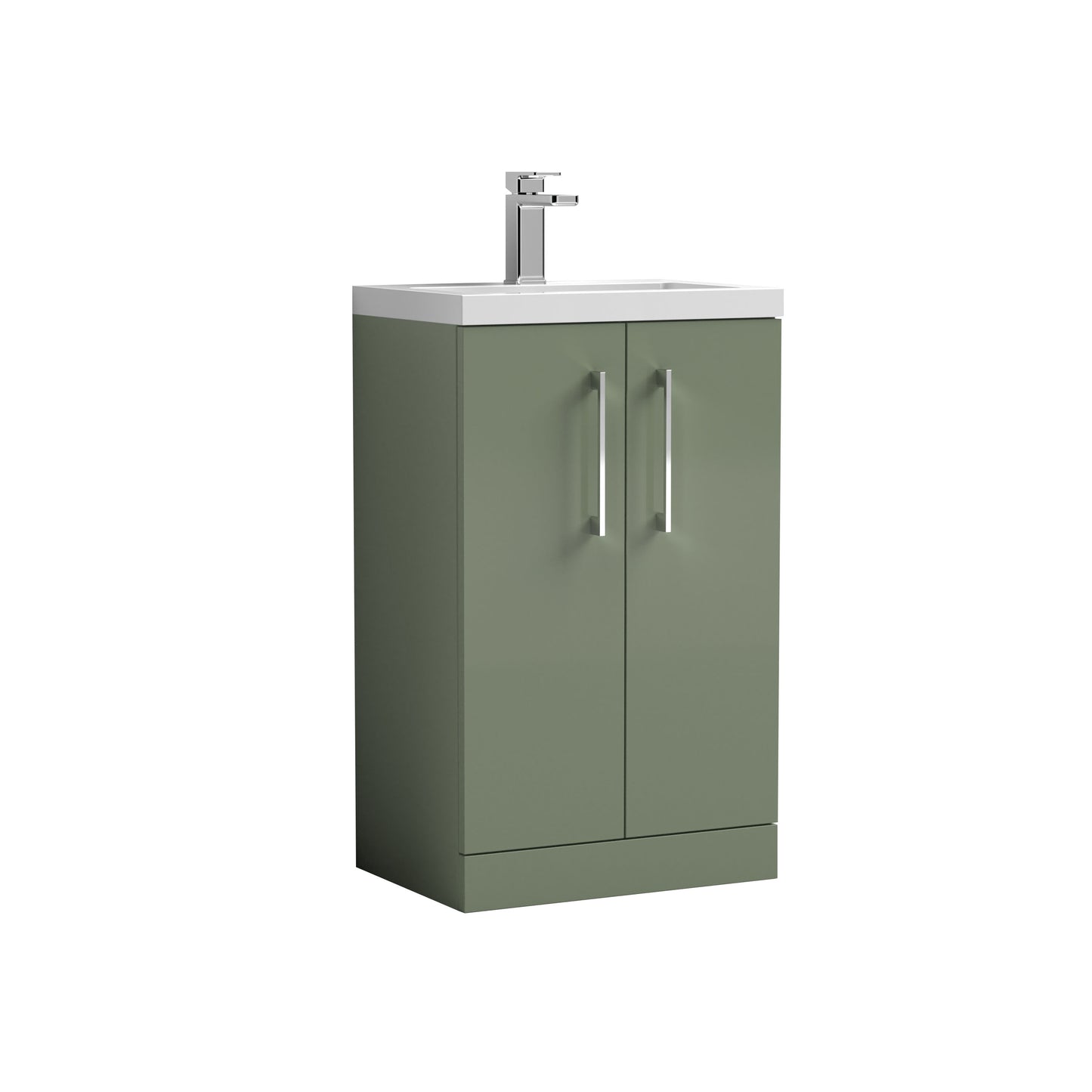 Nuie 500mm Satin Green Floor Standing 2-Door Vanity Unit With Polymarble Basin & Soft Close Doors