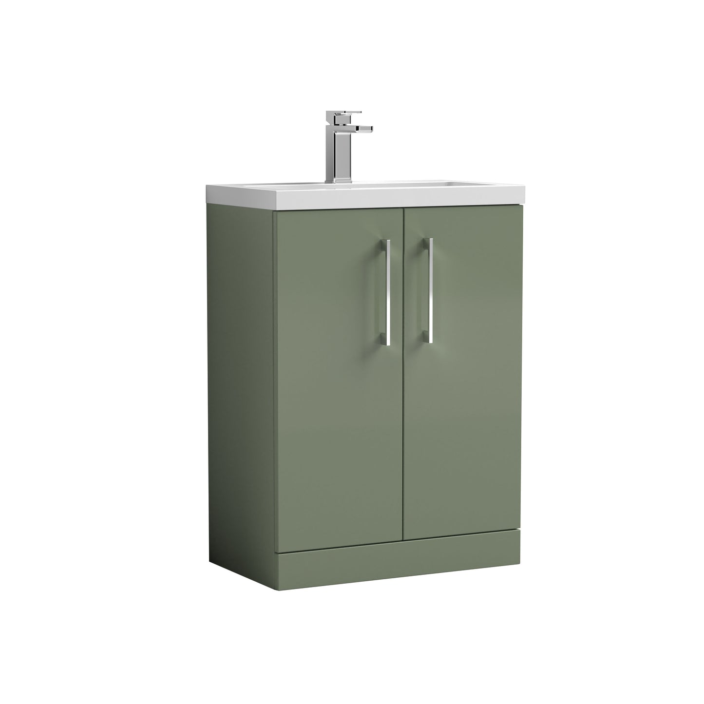 Nuie 600mm Satin Green Floor Standing 2-Door Vanity Unit With Polymarble Basin