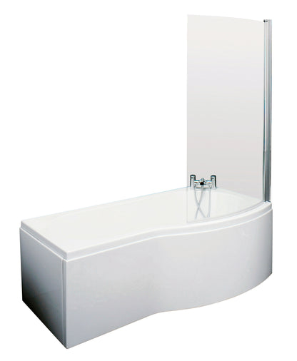 Nuie 1700mm x 900mm White B-Shaped Right Hand Shower Bath, Curved Bath Screen, Front Panel and Leg Set