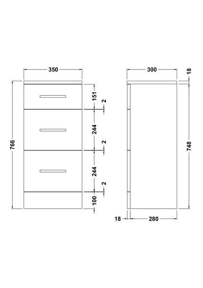 Nuie Mayford 350mm 3 Drawer Gloss White Floor Standing Cabinet With Handles