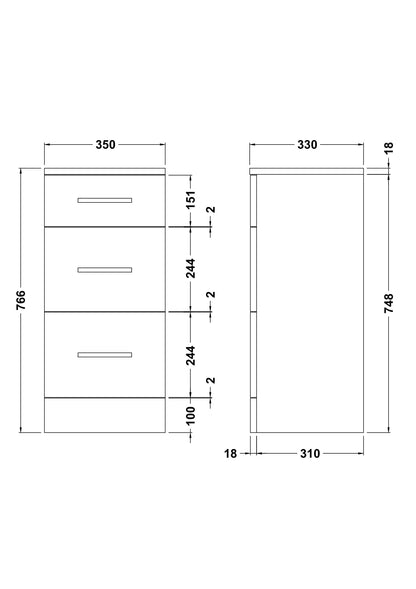 Nuie Mayford 350mm 3 Drawer Gloss White Floor Standing Cabinet With Handles