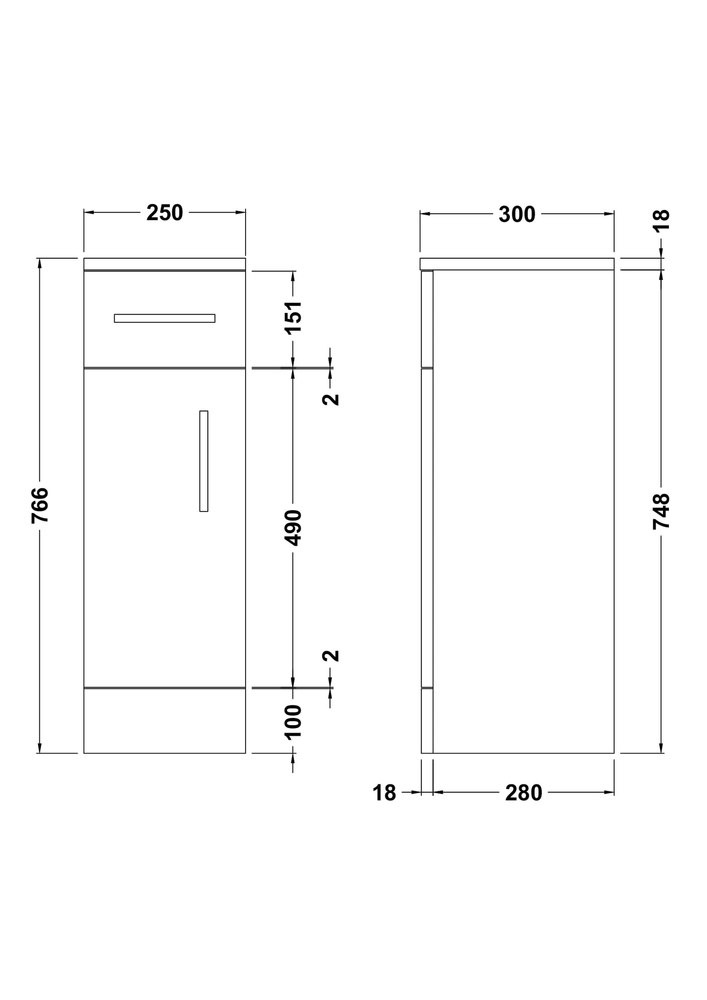 Nuie Mayford 250mm 1 Door Drawer Gloss White Floor Standing Cabinet With Handles