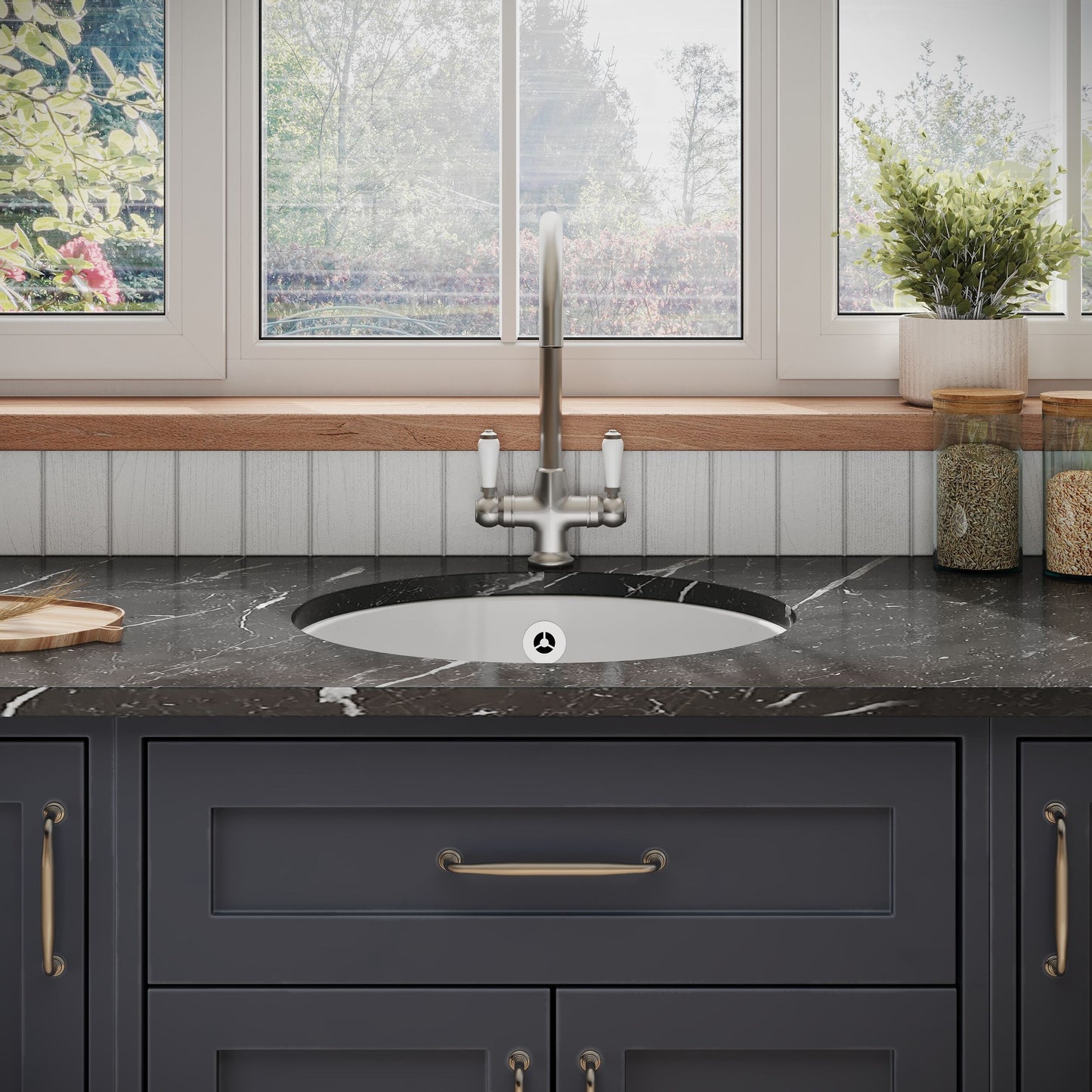 Nuie Single Bowl 460 x 191mm Fireclay White Round Inset Sink With Central Waste and Overflow