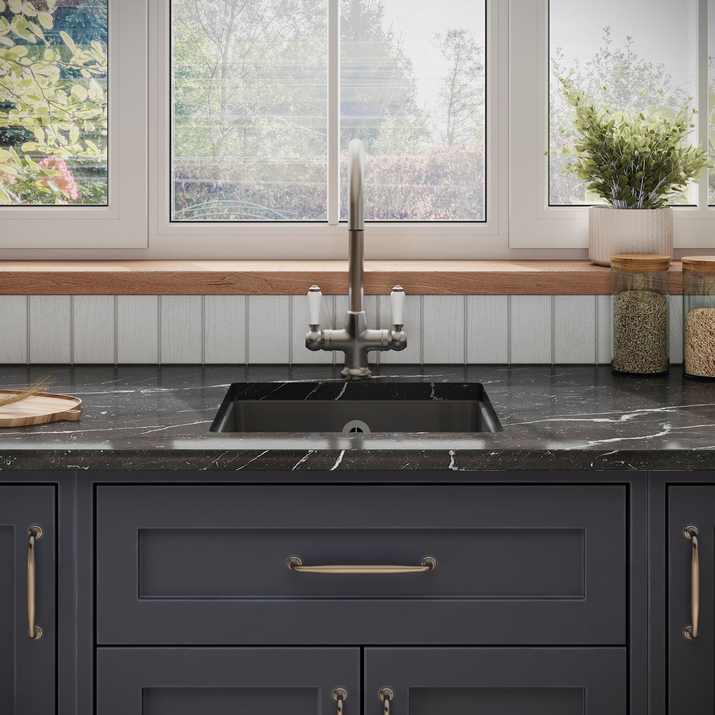 Nuie Single Bowl 457 x 457 x 203mm Fireclay Soft Black Square Inset Sink